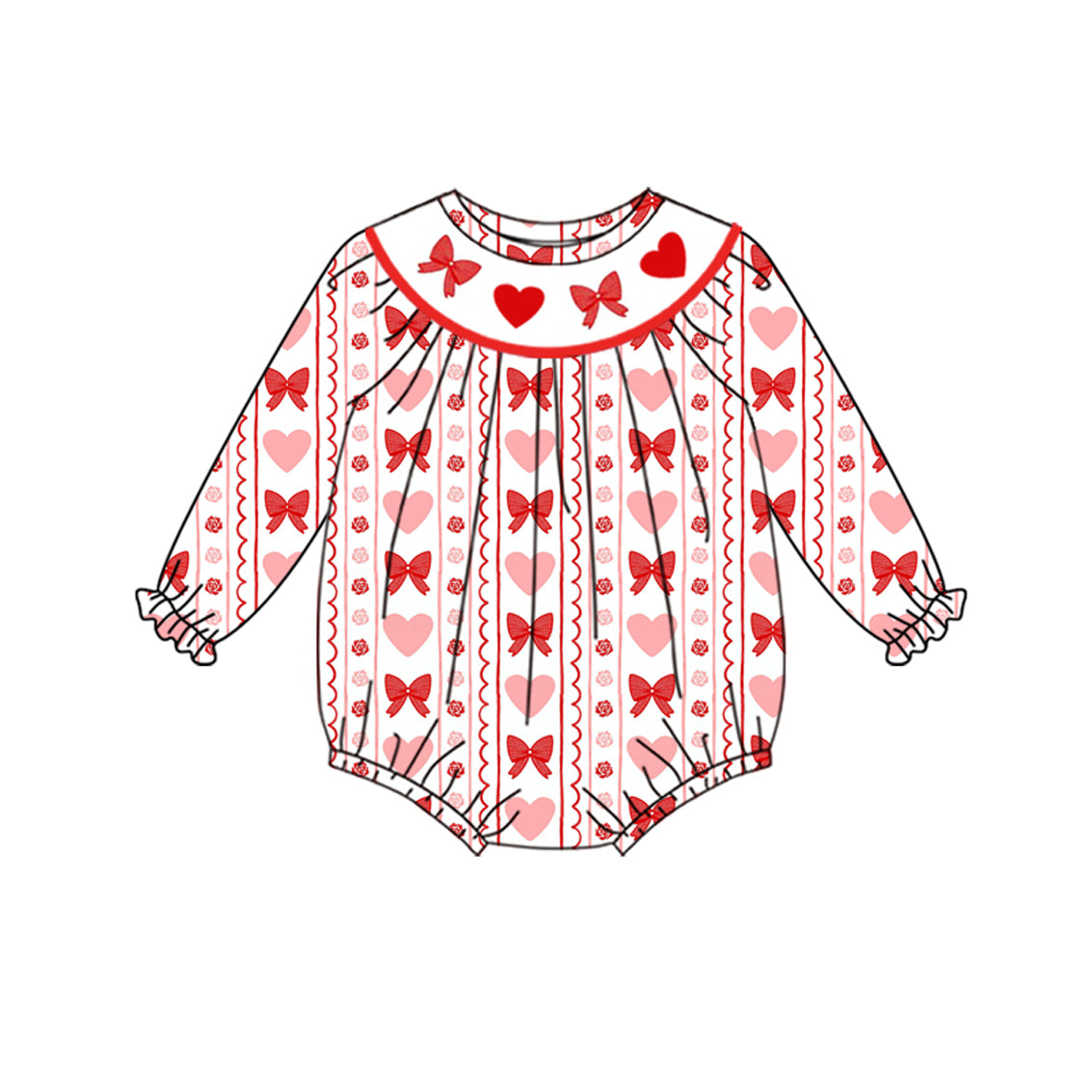 LR2696 Baby Girls Valentine's Day Red Bow Heart Long Sleeve Bubble Romper Preorder