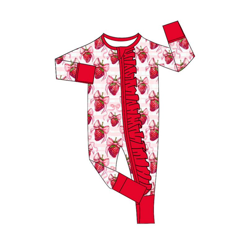 LR2723 Baby Girls Strawberry Bow Long Sleeve Zippy Romper Preorder