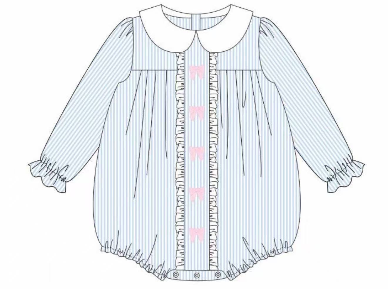 LR2726 Baby Girls Blue Striped Pink Bow Long Sleeve Bubble Romper Preorder