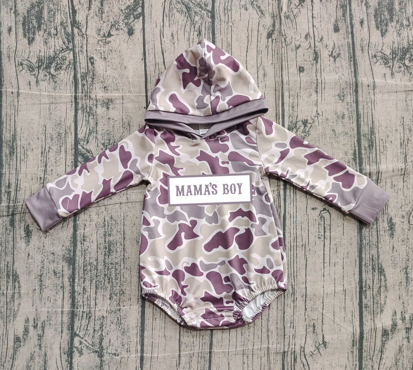 LR2792 Mama's Boy Grey Camo Long Sleeve Hooded Romper Preorder