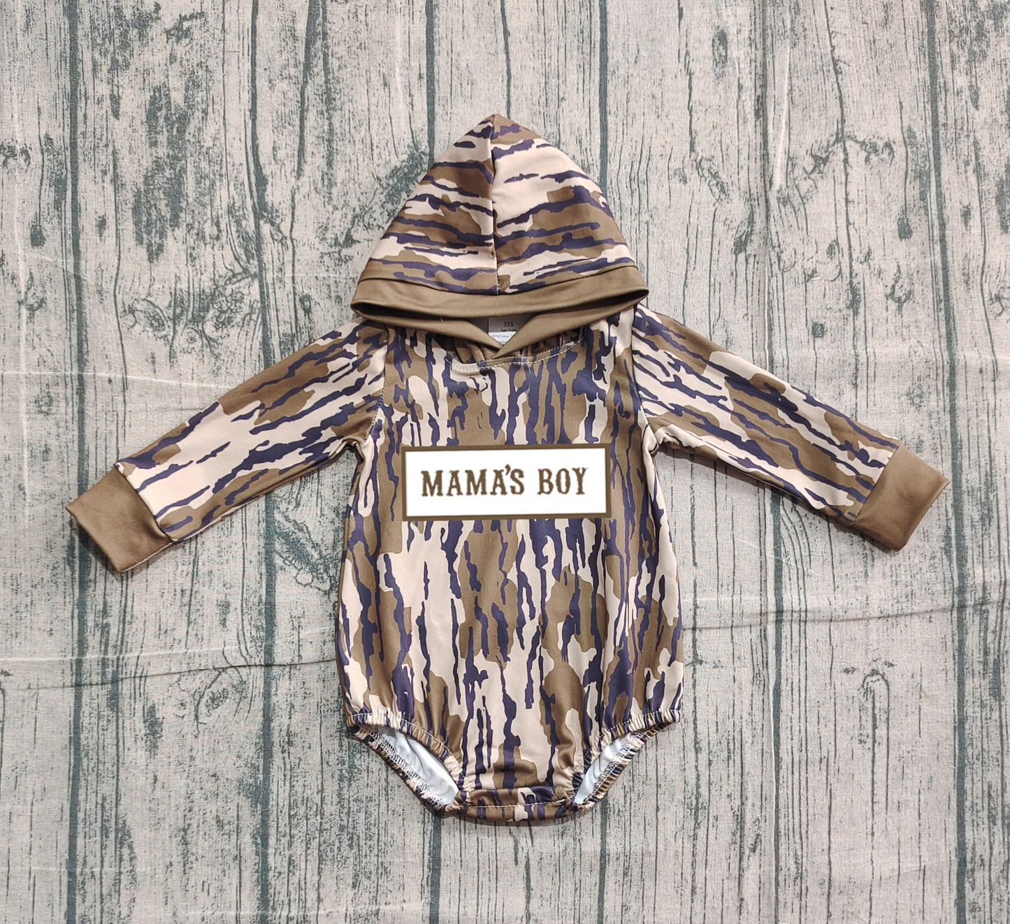 LR2793 Mama's Boy Dark Green Camo Long Sleeve Hooded Romper Preorder