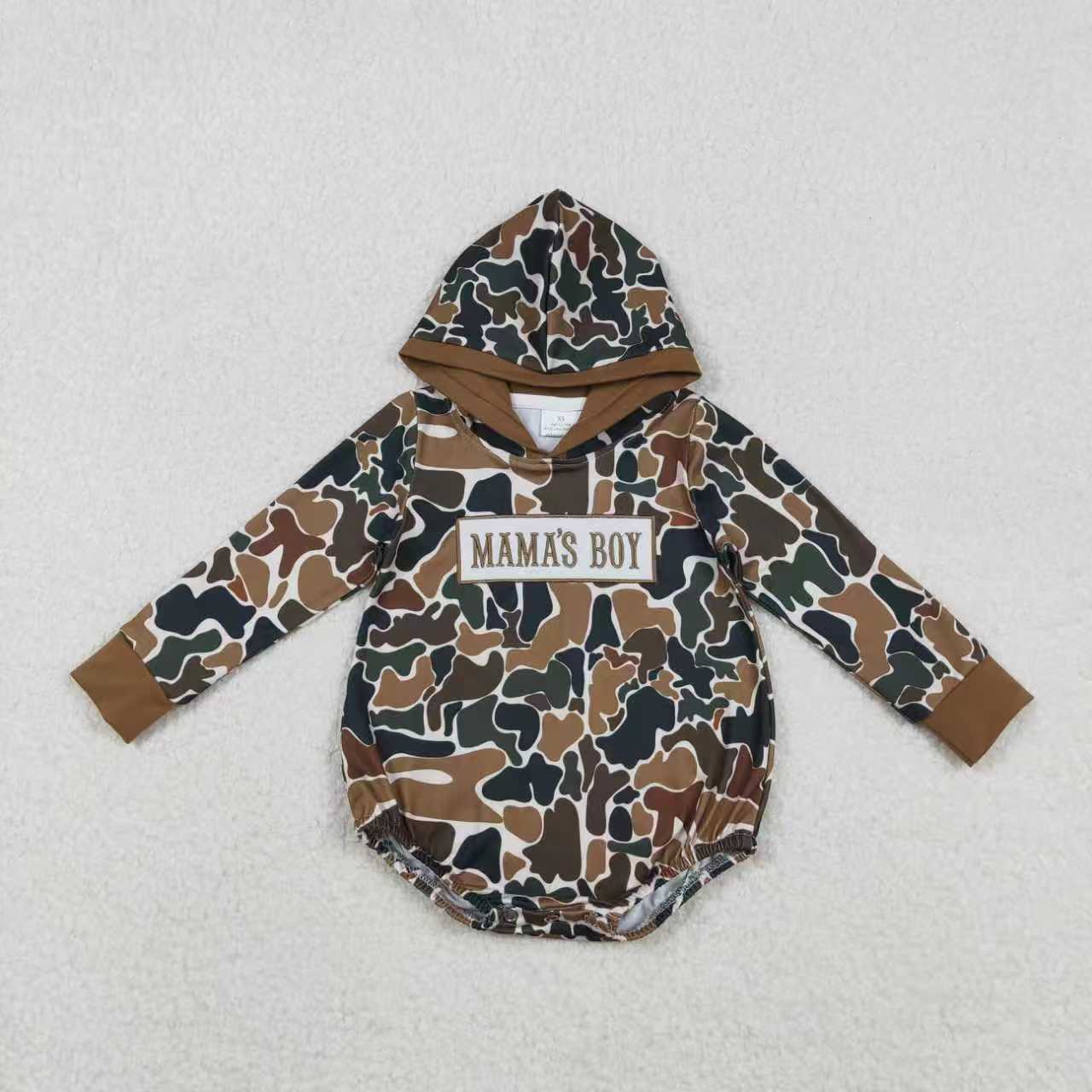 Mama's Boy Embroidery Brown Camo Jogger Set and Romper For Sibling Boys