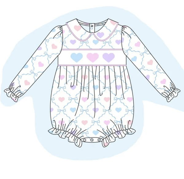 LR2833 Baby Girls Hearts Trellis Bow Long Sleeve Romper Preorder