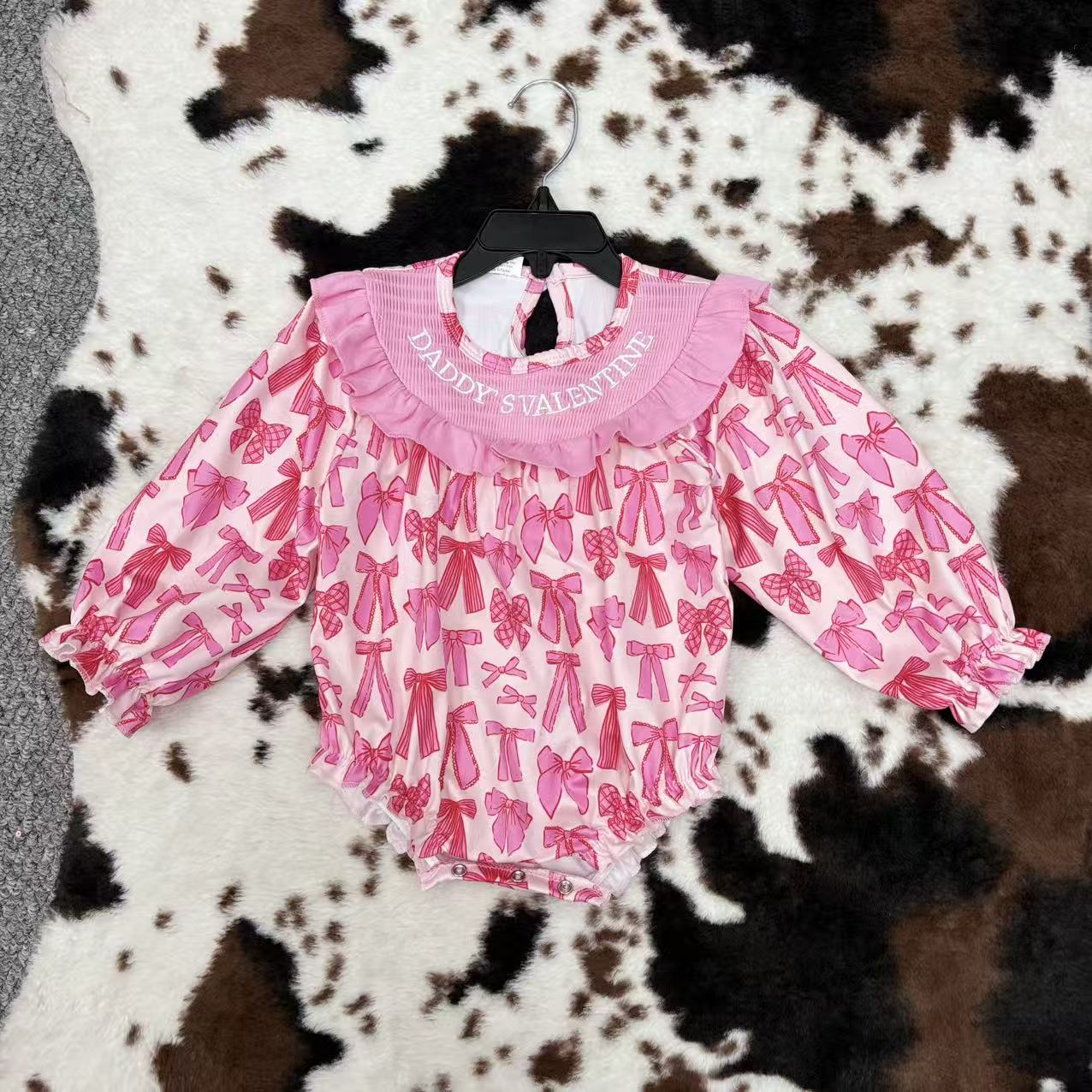 Sibling Baby Girls Pink Bow/Floral Long Sleeve Smocked Bubble Romper