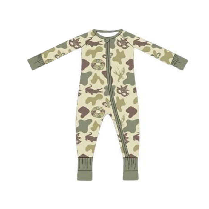 LR2865 Baby Boys Green Camo Long Sleeve Zipper Romper