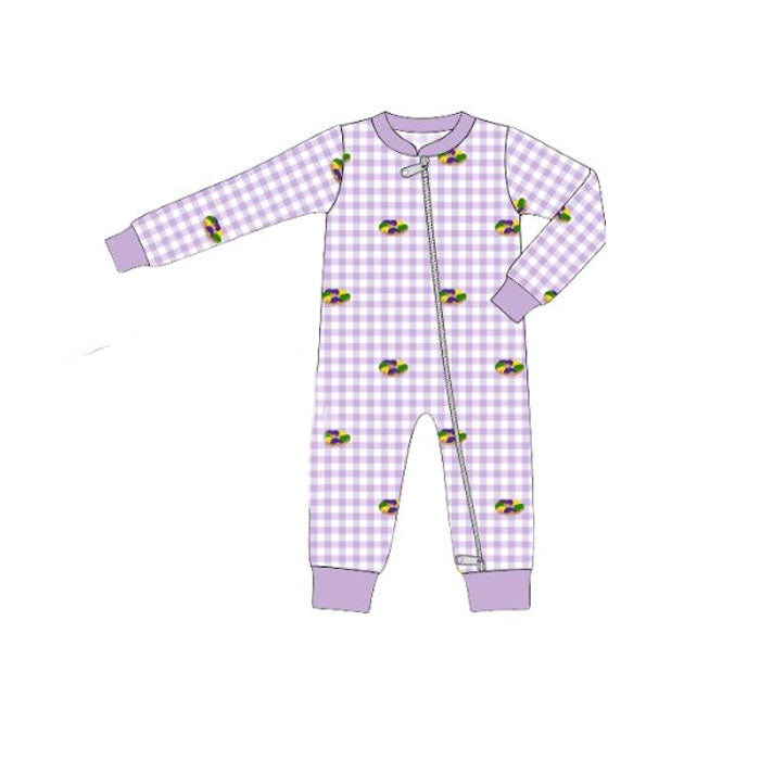 LR2866 Baby boys Mardi Gras Purple Gingham Long Sleeve Romper Preorder