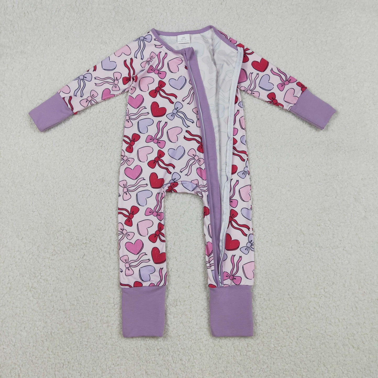 LR2883 Baby Girls Violet Pink Heart Long Sleeve Zipper Footie Romper
