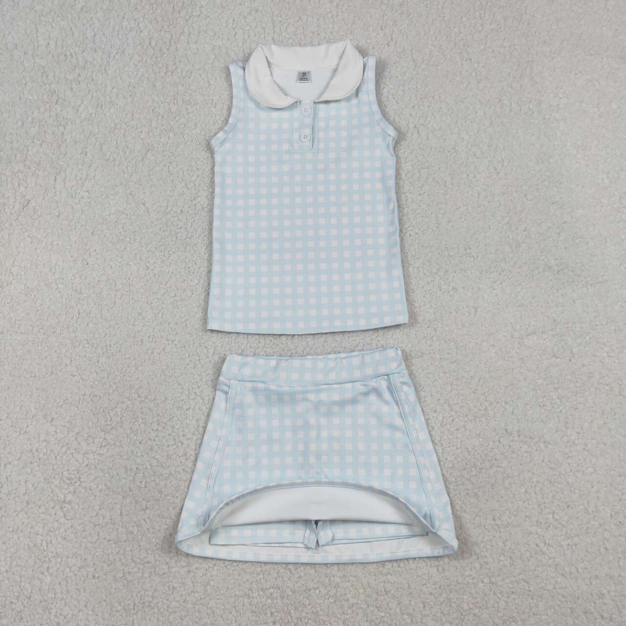 GSD3375 Baby Girls Blue Gingham Top With Bow SKirt Active Yoga Set