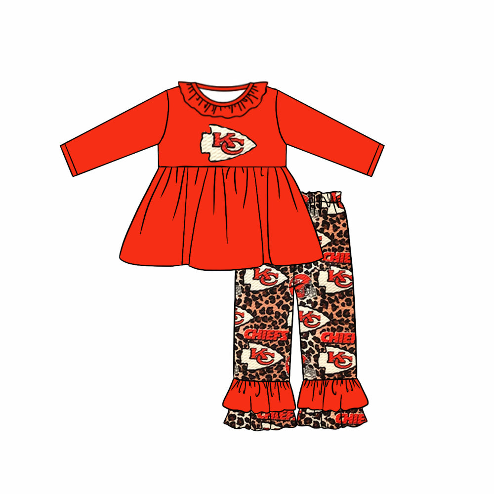 3 MOQ Baby Girls Sport Team Chiefs KC Lon Sleeve Tunic Top Ruffle Pants Set Preorder