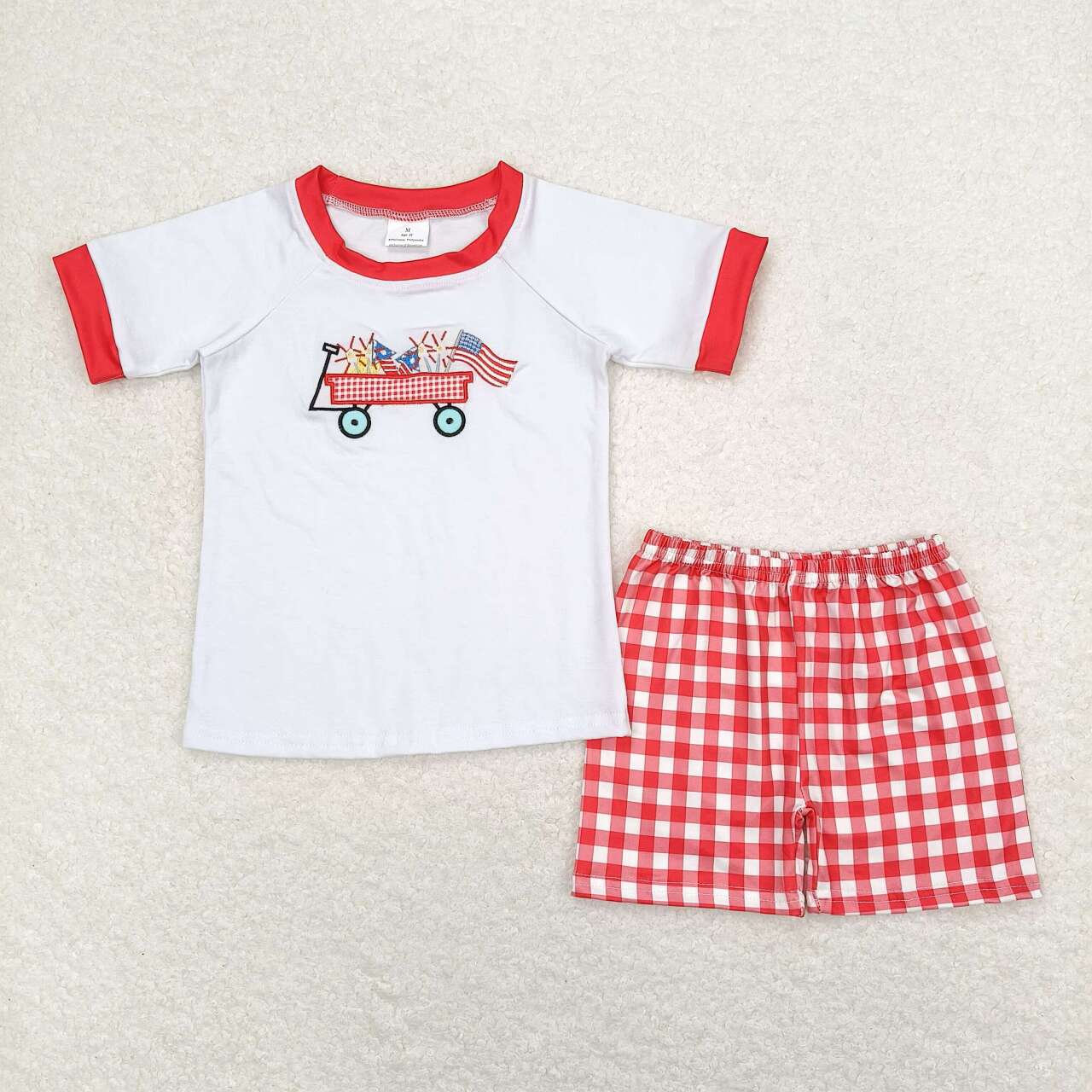 BSSO0618 Baby Boys July 4th Flag Embroidery Red Shorts Outfit