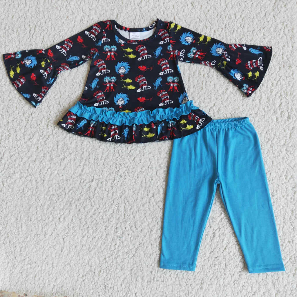 6 A10-16 Baby Girls Cat in the hat blue leggings outfit