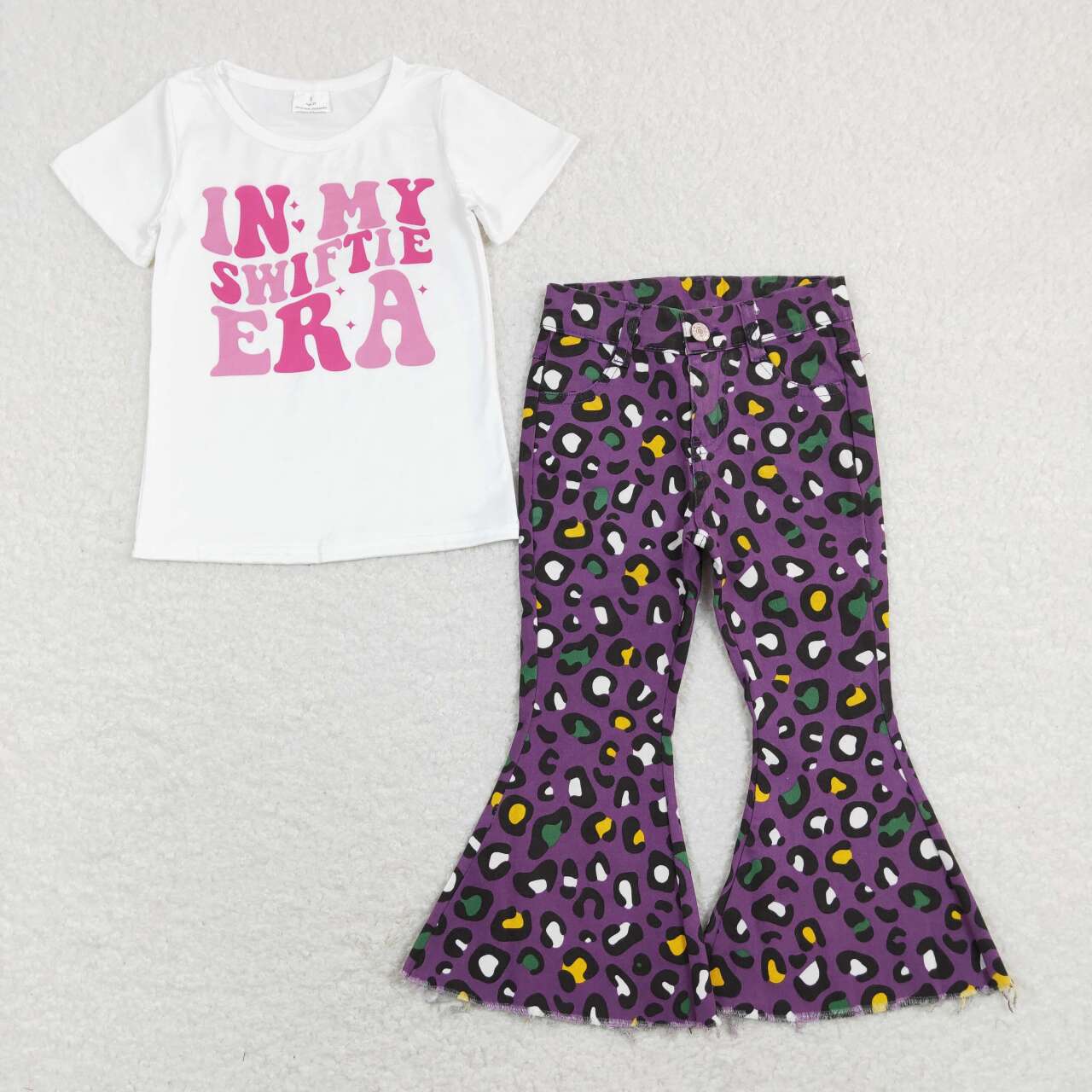 In my Era Short Sleeve Top matching Purple Leopard Denim Pants Outfit