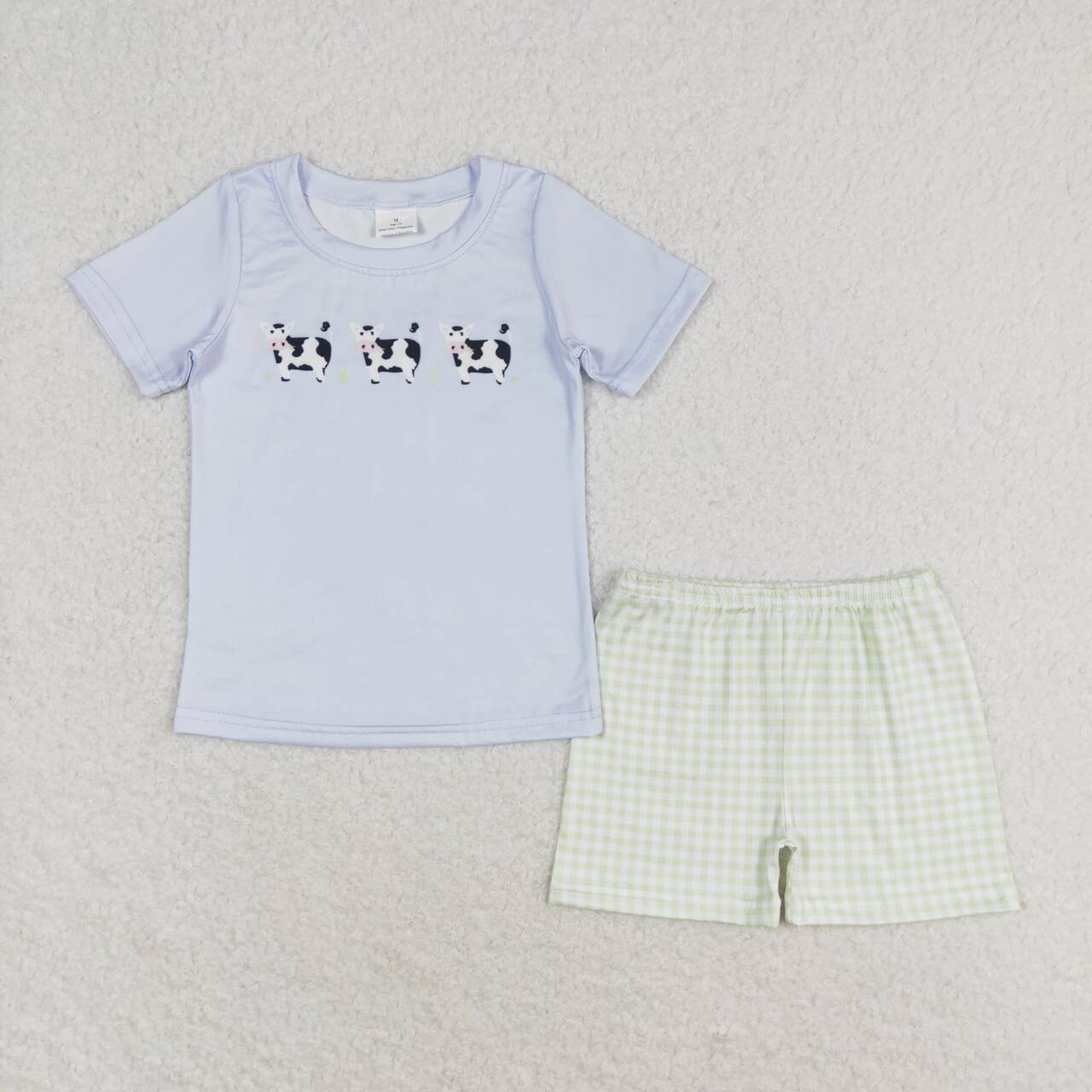 Summer Baby Boys Cow Top Matching Green Gingham Shorts Set