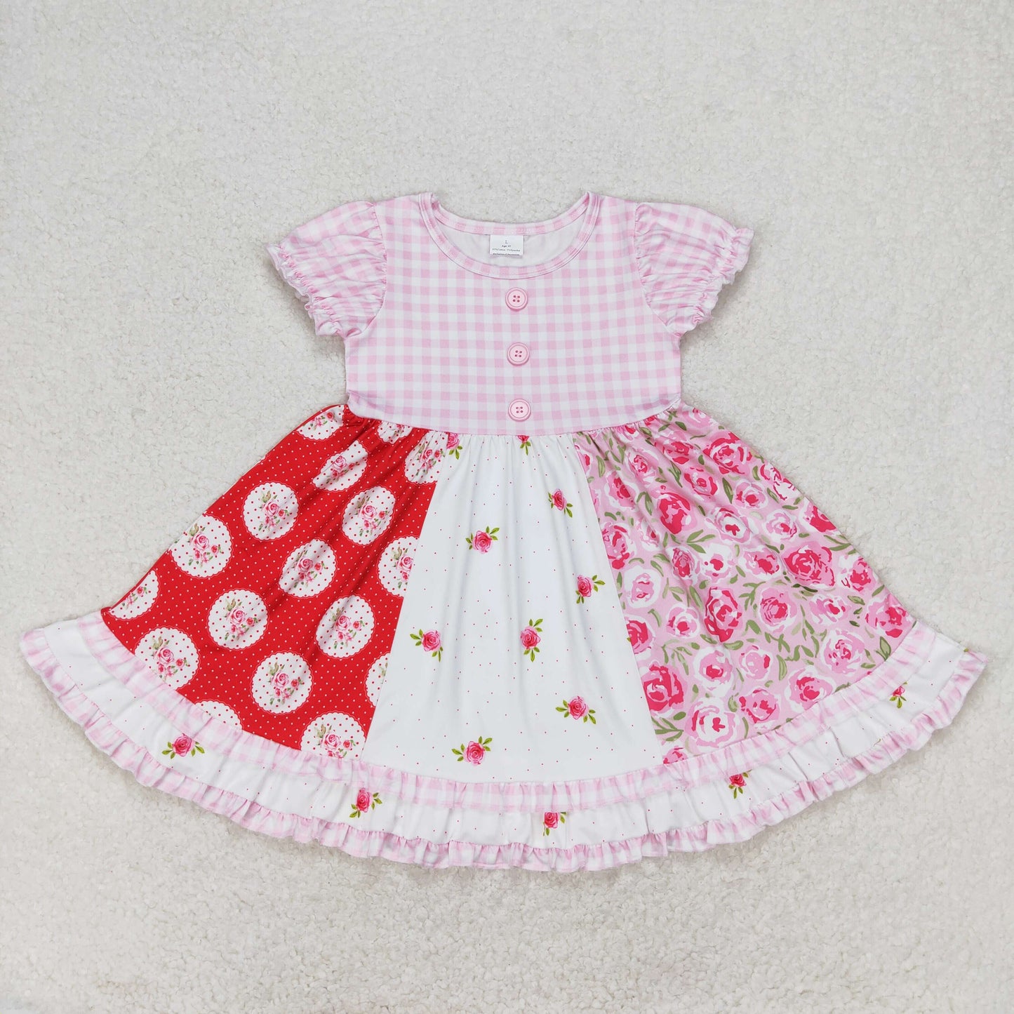 Kids Girls Summer Pink Gingham Flower Short Sleeve Dress