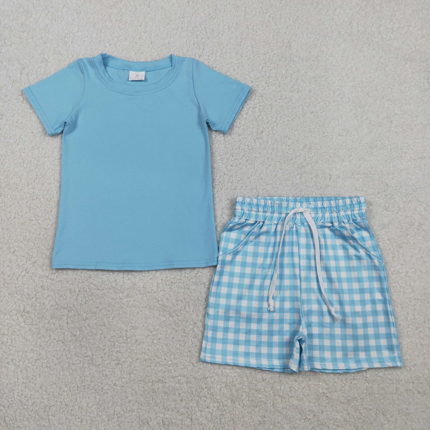 BSSO1883 Baby Boys Blue Short Sleeve Top With Gingham Shorts Set