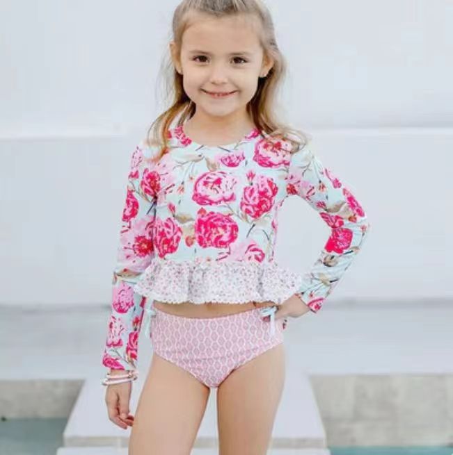 Pre-order Baby Girls Long Sleeve Flower Print two pieces swimsuits