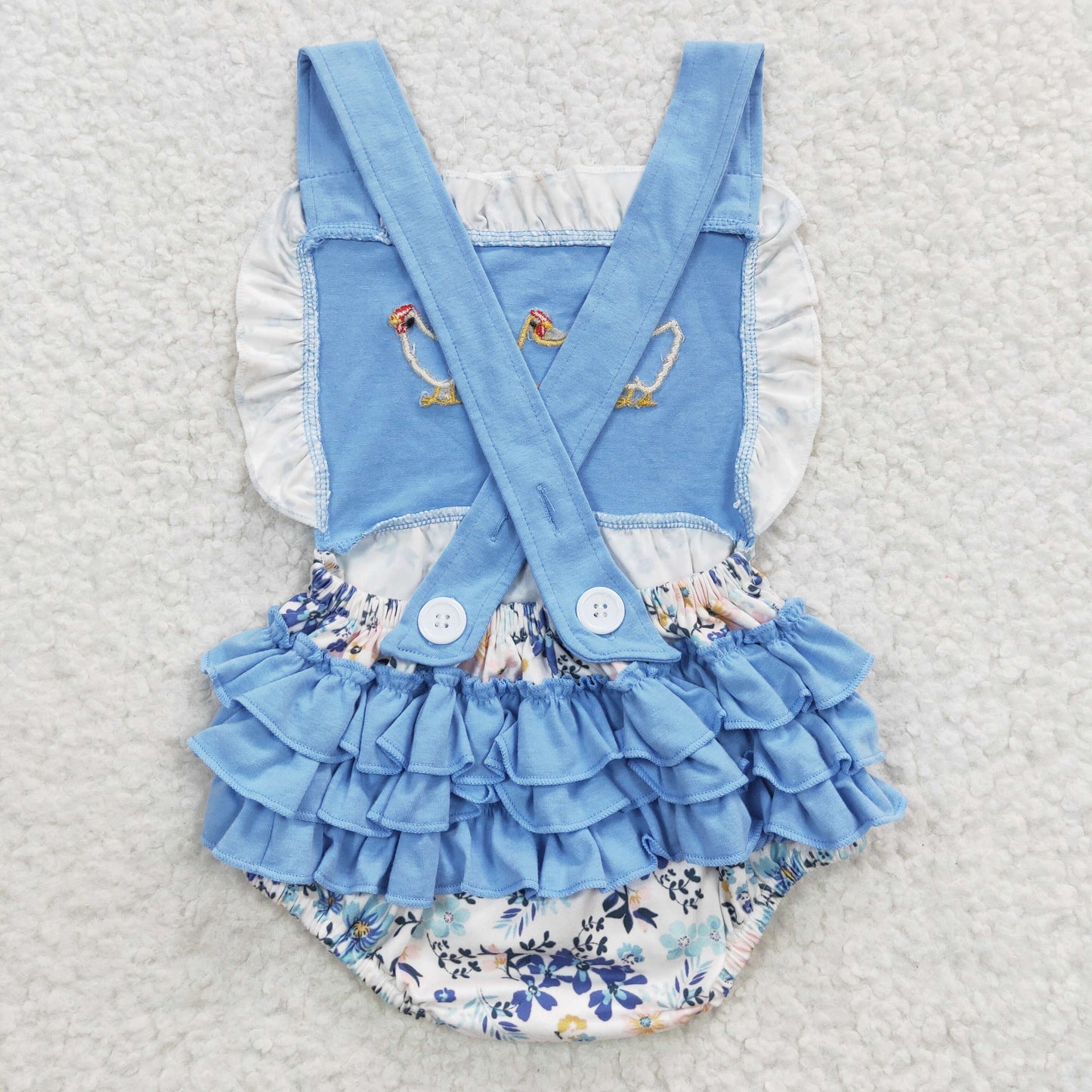 Baby Girls Blue Straps Embroidery Chicken Floral Backless Bunny Farm Rompers
