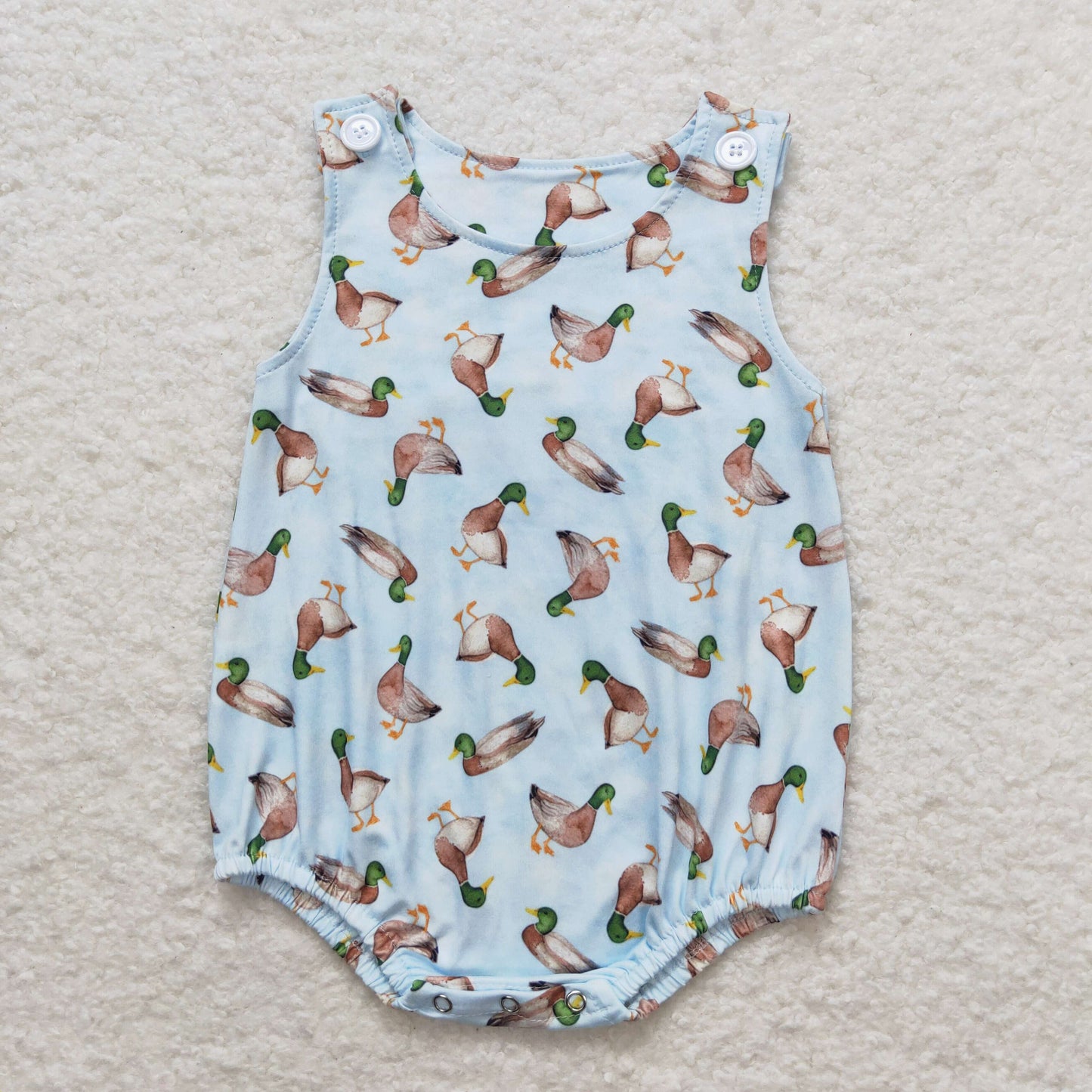Baby Boys Blue Sleeveless Ducks Hunting Rompers