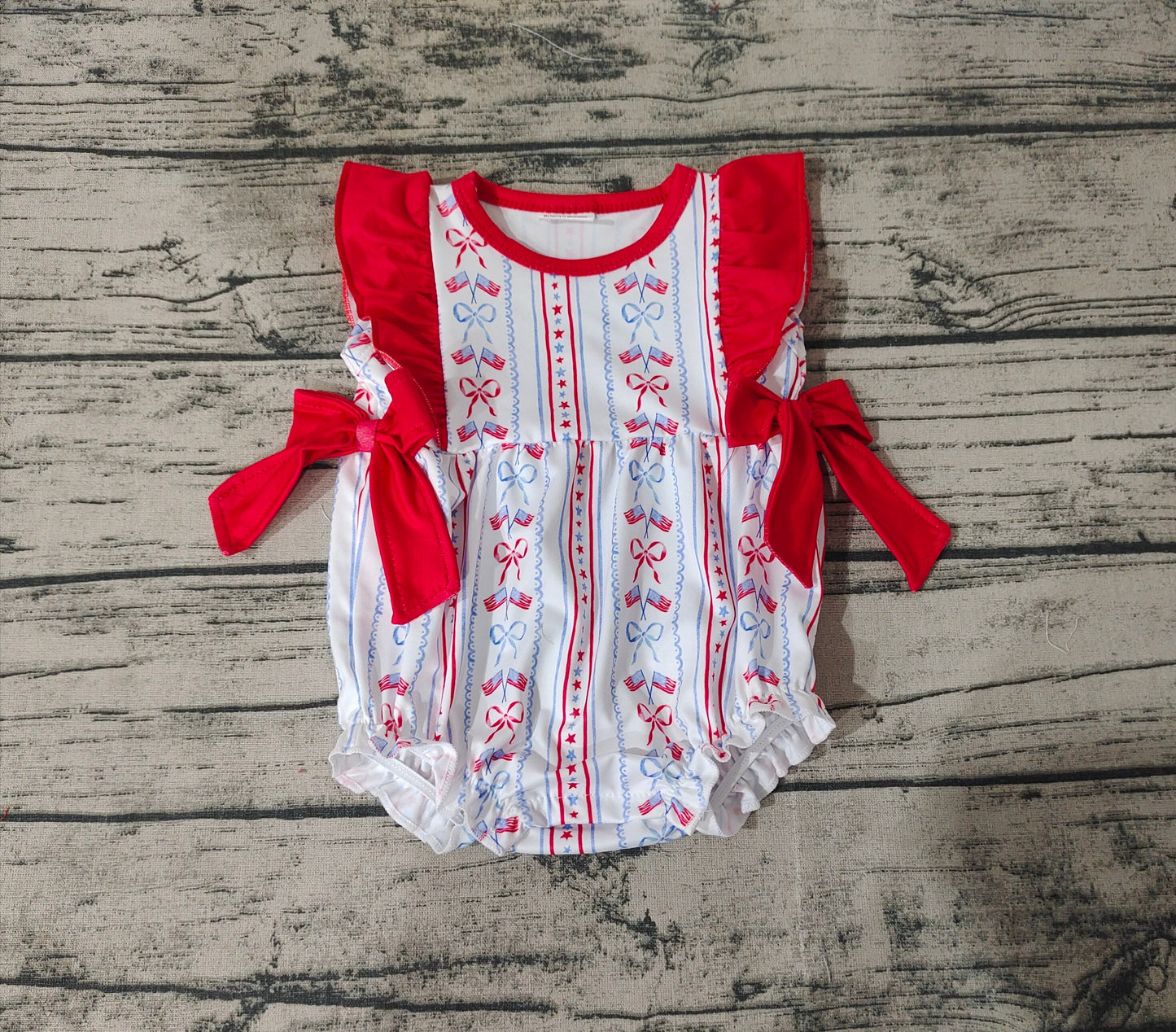 SR1717 Newborn Baby Girls July 4th USA Flag Bow Romper