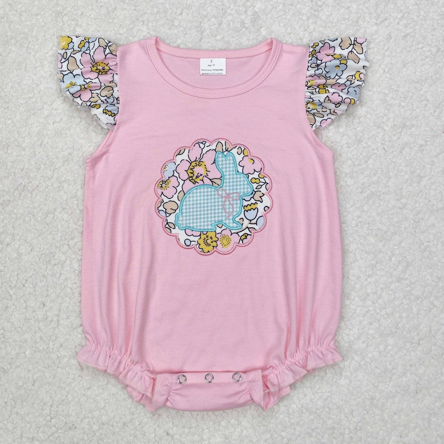 Baby Girls Easter Embroidery Bunny Floral Pink Romper