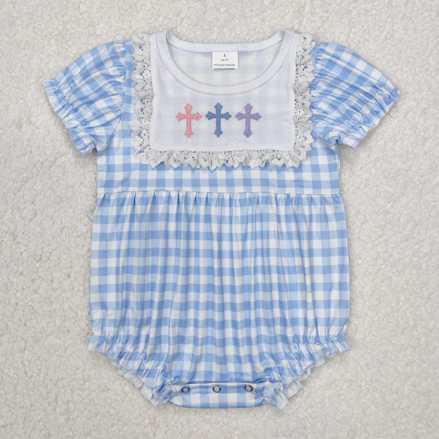 Newborn Baby Girls Easter Embroidery Cross Blue Gingham Romper