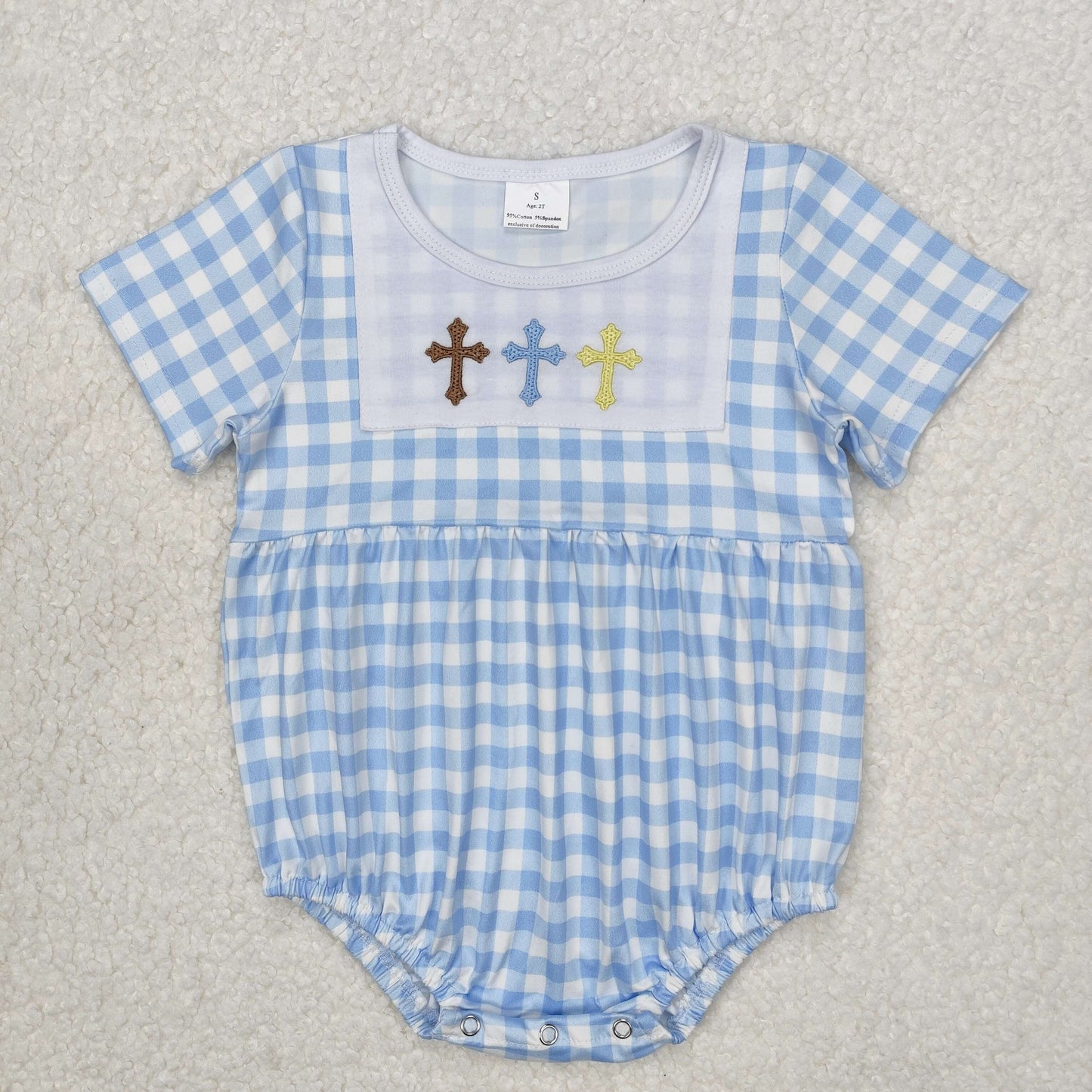 Newborn Baby Boys Easter Embroidery Cross Blue Gingham Romper