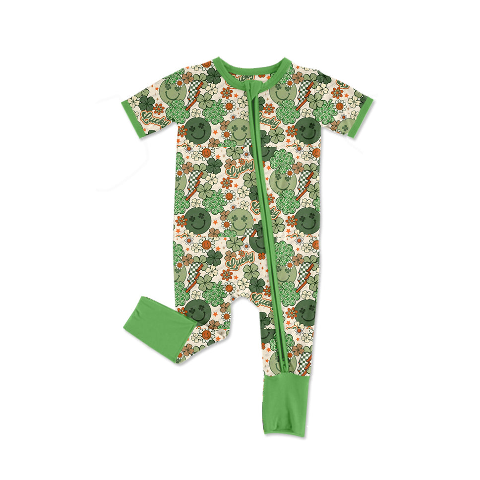 Baby Green Short Sleeves St Patrick Zipper Romper Smile Clovers Print Preorder