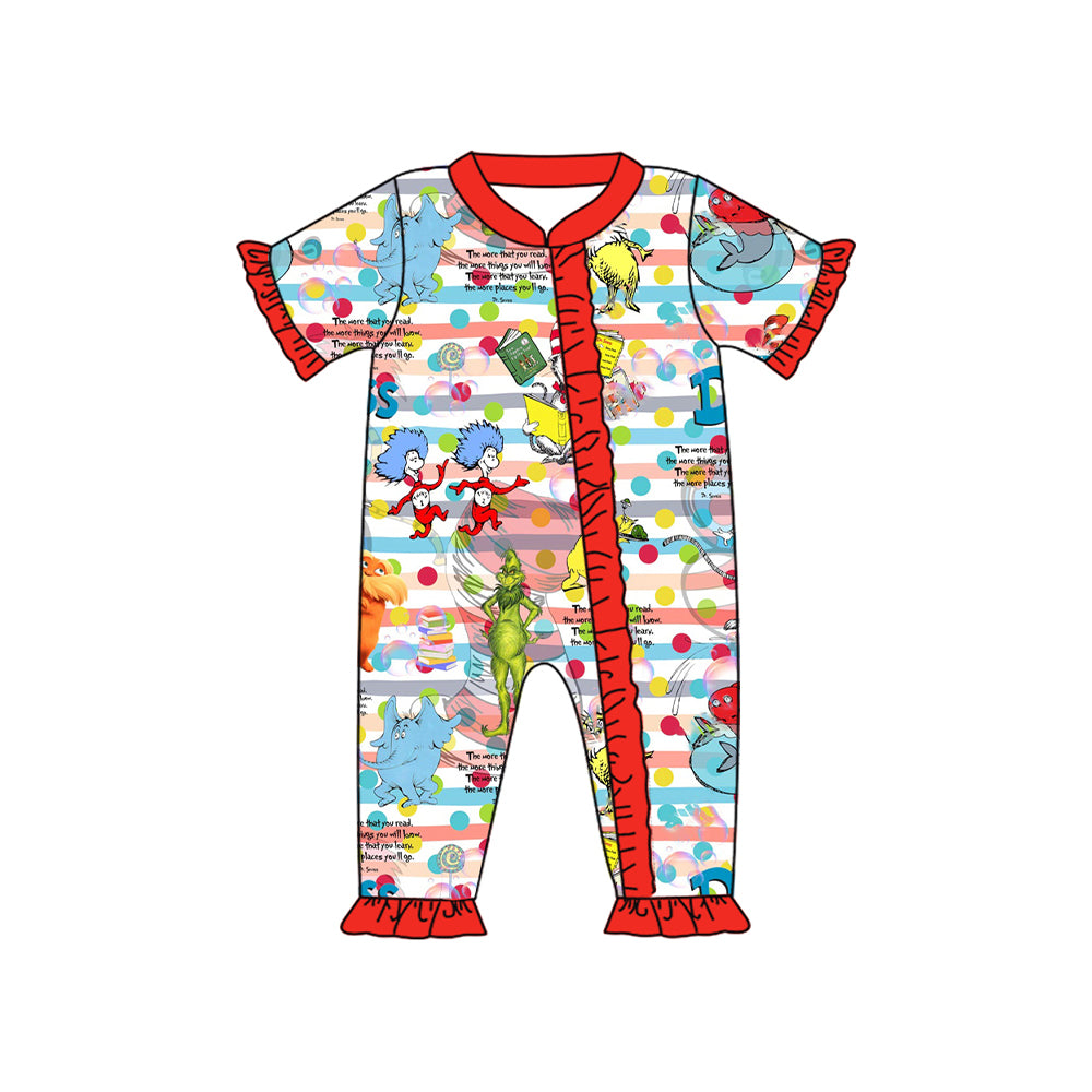 Baby Girls Red Stripe Short Ruffle Sleeves Cartoon Dr Reading Elephant Print Zipper Night Romper Preorder