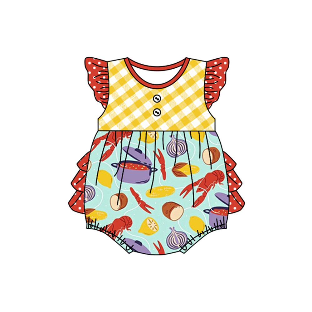 Baby Girls Red Polka Dots Flutter Sleeves Crayfishes Corn Print Mardi Gras Romper Preorder