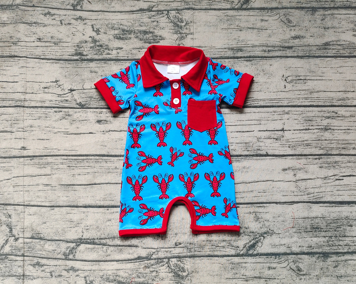 Baby Boys Hot Blue Short Sleeves Crayfishes Print Button Down Pocket Romper Preorder