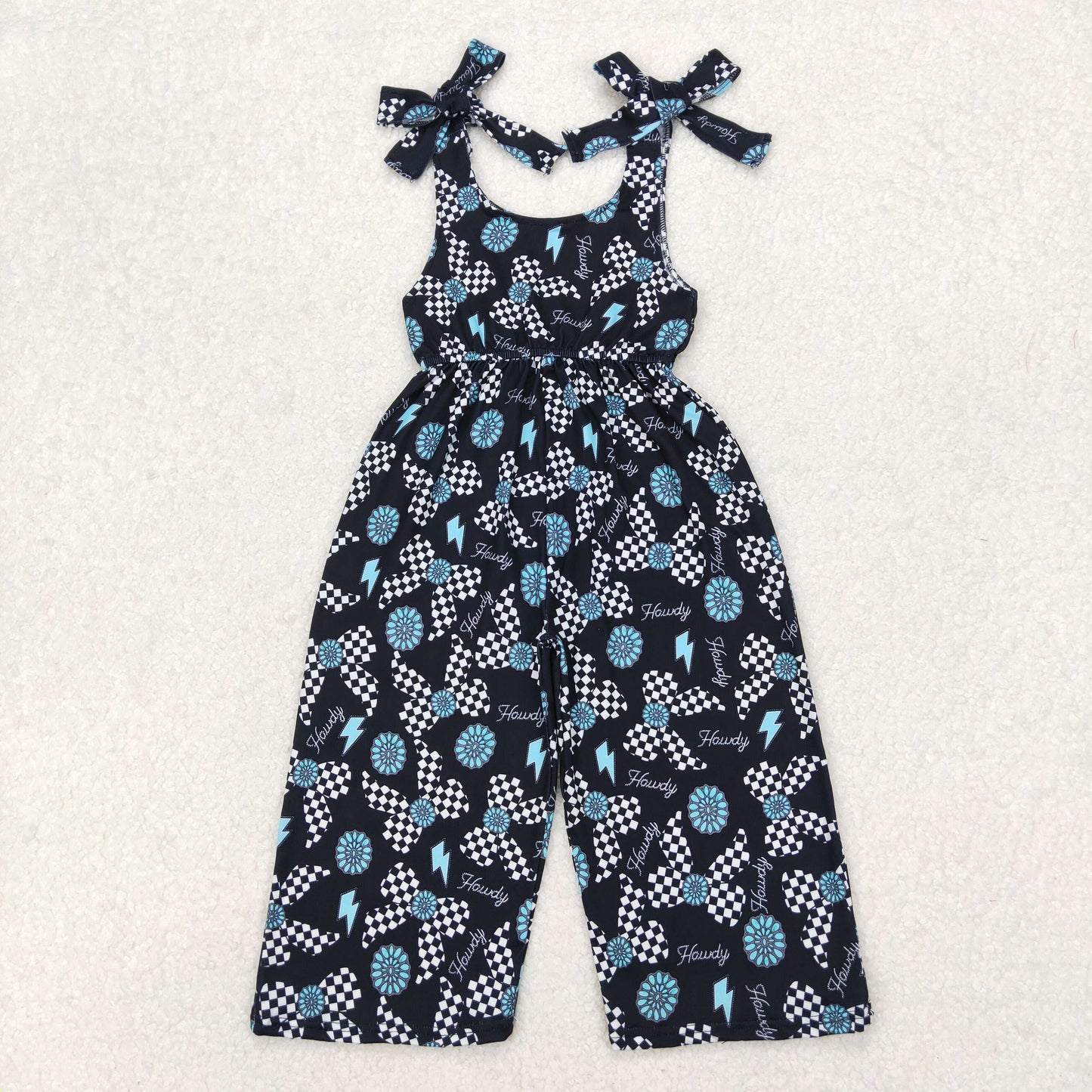 Baby Girls Black Strap Plaid Bows Turquoises Howdy Jumpsuit