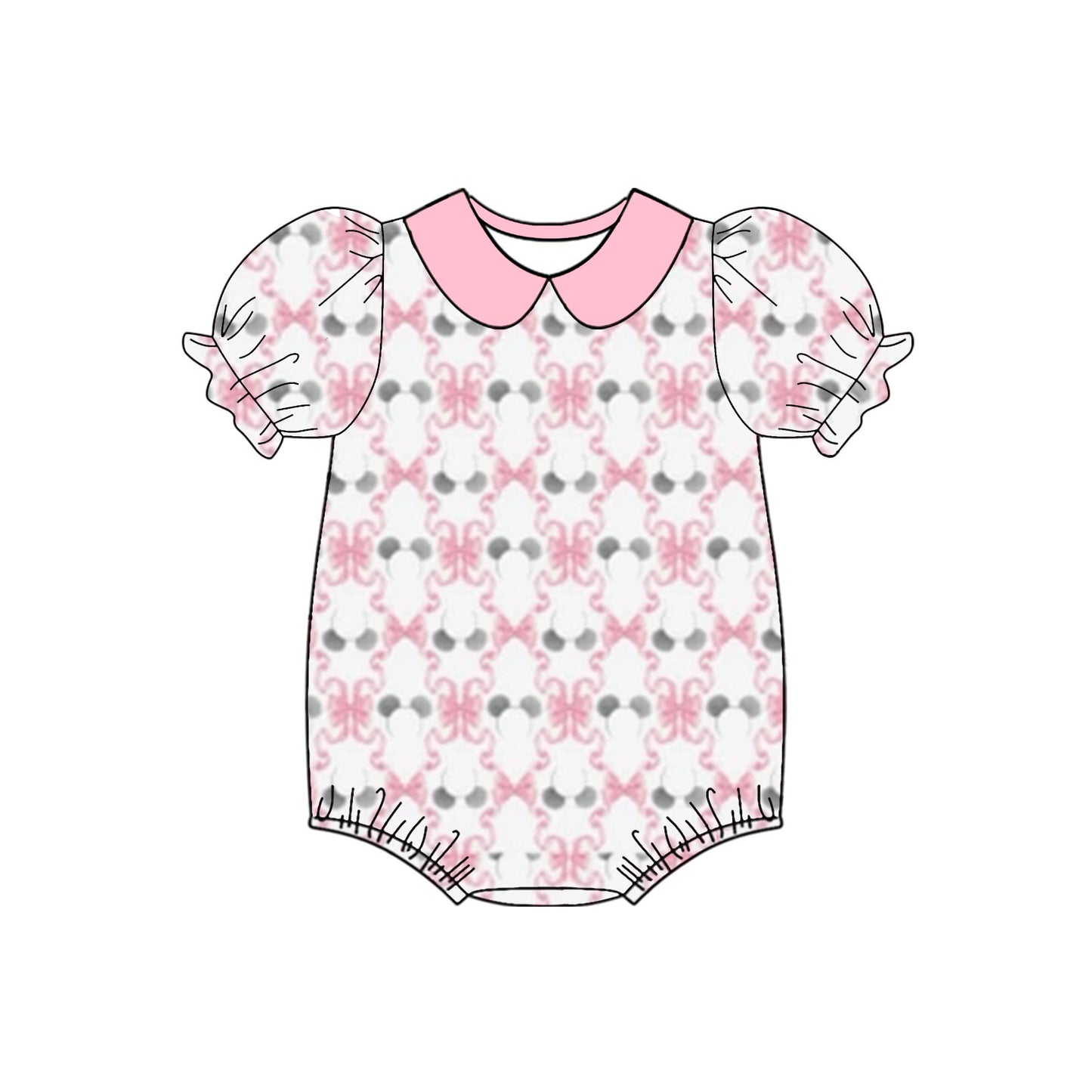 Baby Girls Pink Short Ruffle Sleeves Bows Plaid Cartoon Mouse Print Romper Preorder