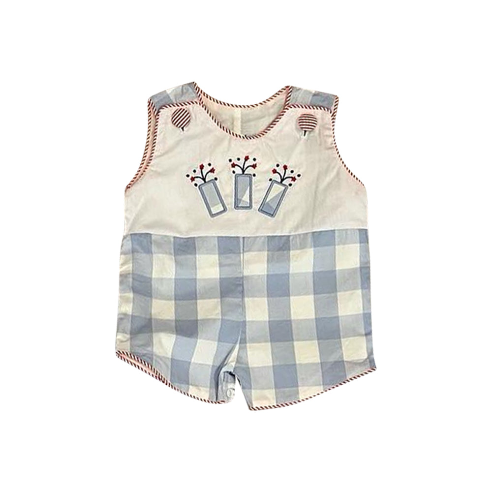 Baby Boys Sleeveless Firework Print Blue Plaid 4th Of July Romper Preorder