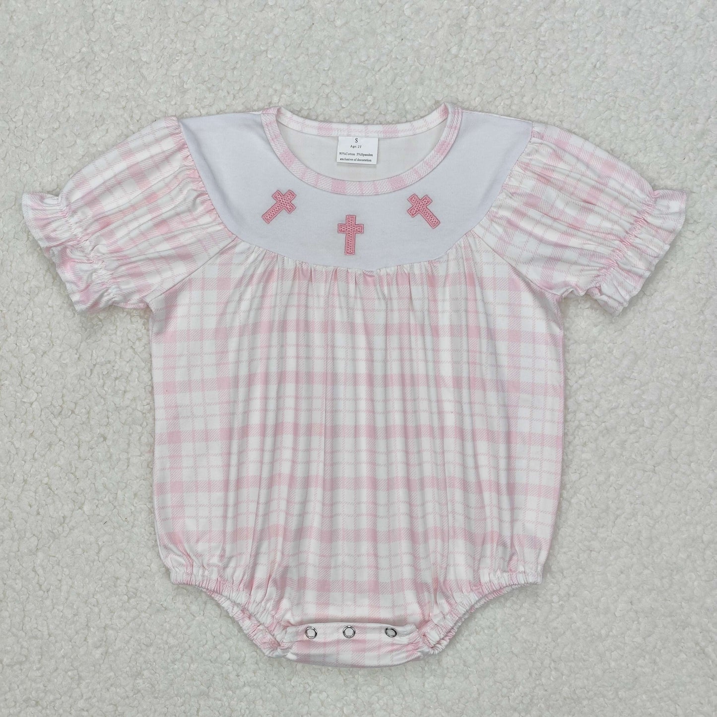 Baby Girls Pink Plaid Short Ruffle Sleeves Embroidery Cross Easter Romper