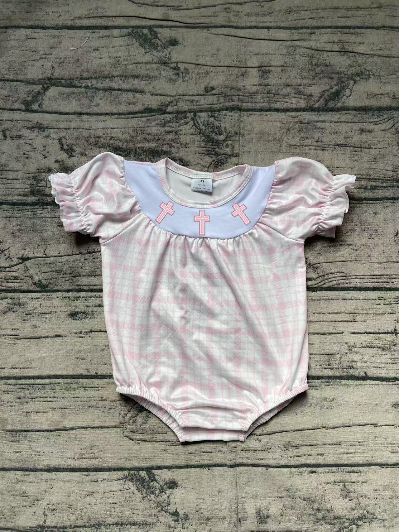 Baby Girls Pink Plaid Short Ruffle Sleeves Embroidery Cross Easter Romper Preorder