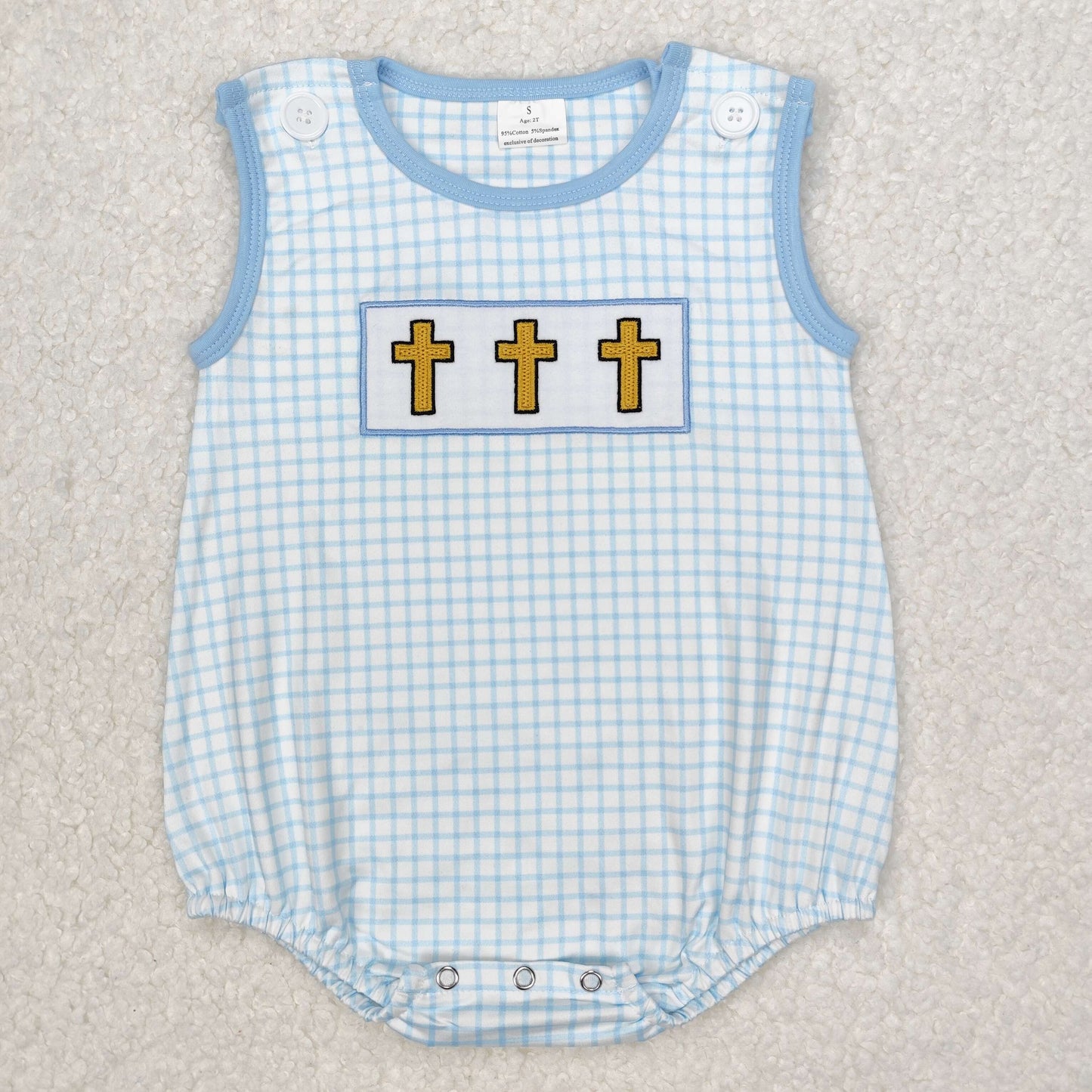 Baby Boys Blue Plaid Sleeveless Embroidery Cross Summer Easter Romper