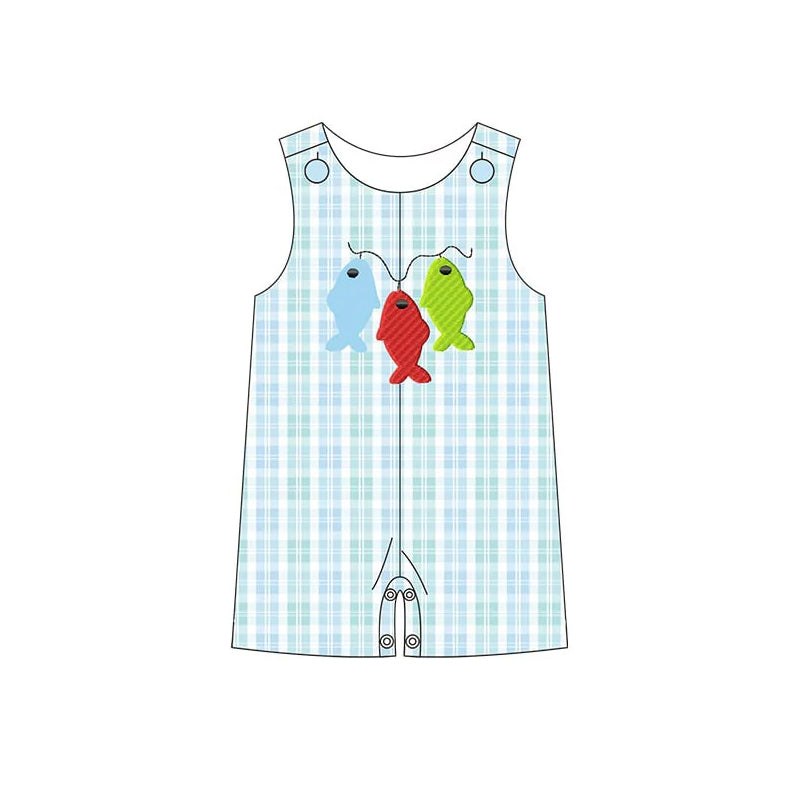 Baby Boys Light Blue Plaid Sleeveless Fishing Print Hunting Romper Preorder
