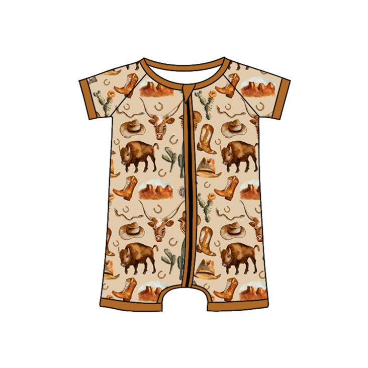 Baby Boys Khaki Short Sleeves Bull Skull Boots Western Zipper Romper Preorder