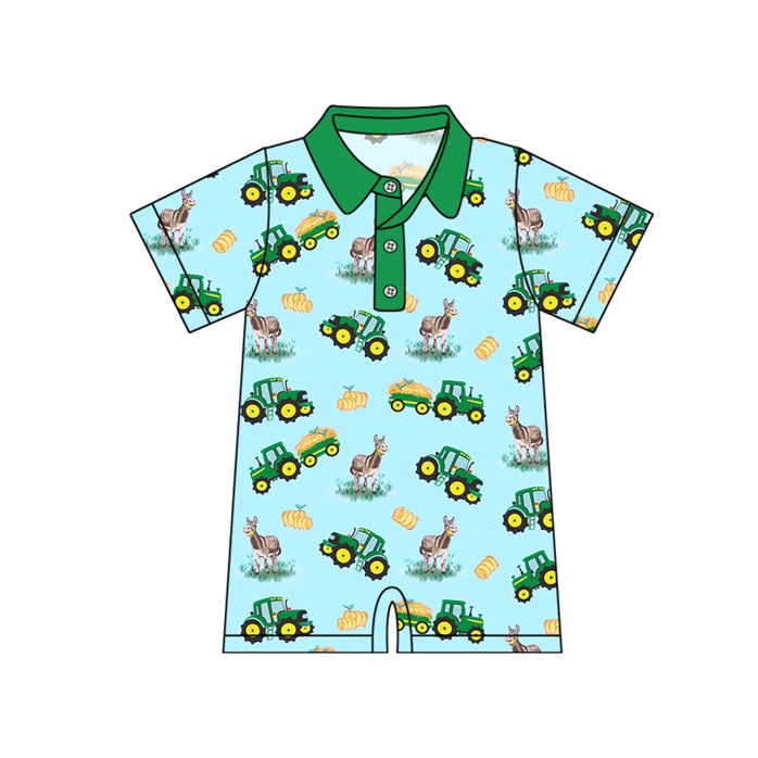Baby Boys Green Short Sleeves Button Down Trucks Horses Farm Romper Preorder