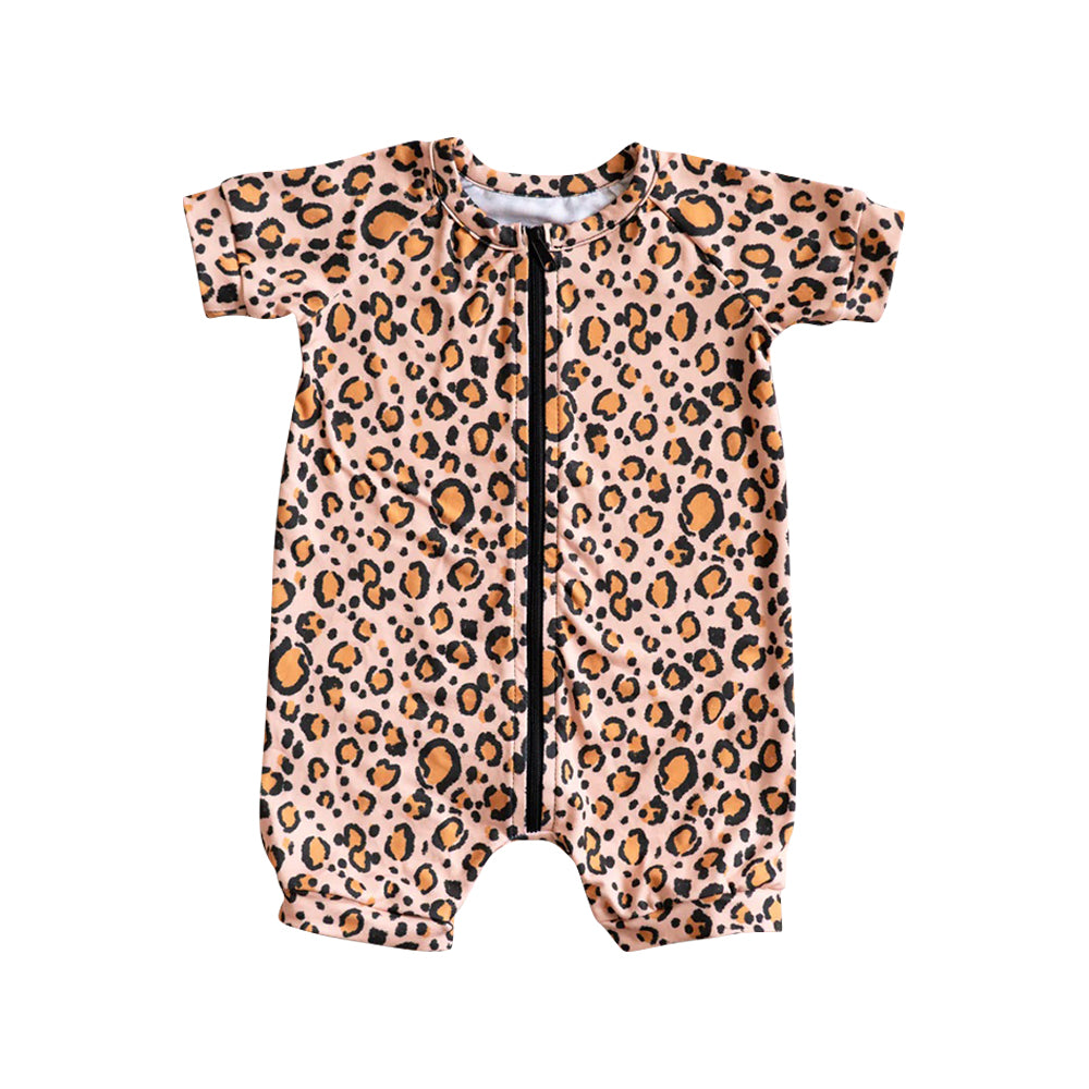 Baby Girls Khaki Short Sleeves Leoprad Print Zipper Romper Preorder