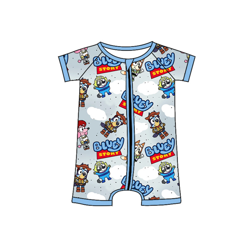 Baby Girls Gray Short Sleeves Cartoon Blue Dogs Zipper Romper Preorder