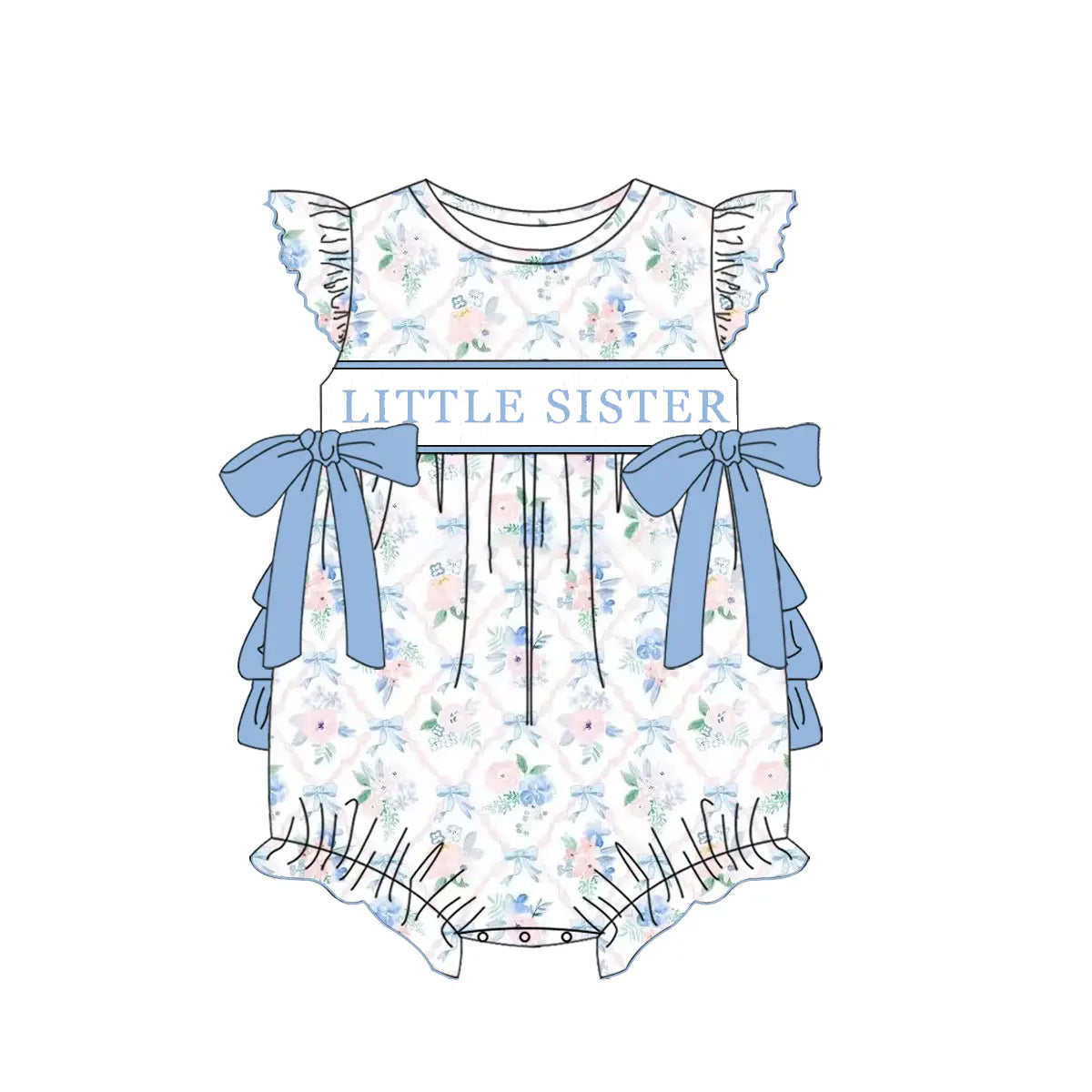 Baby Girls Flutter Sleeves Blue Bows Floral Plaid LITTLE SISTER Romper Preorder