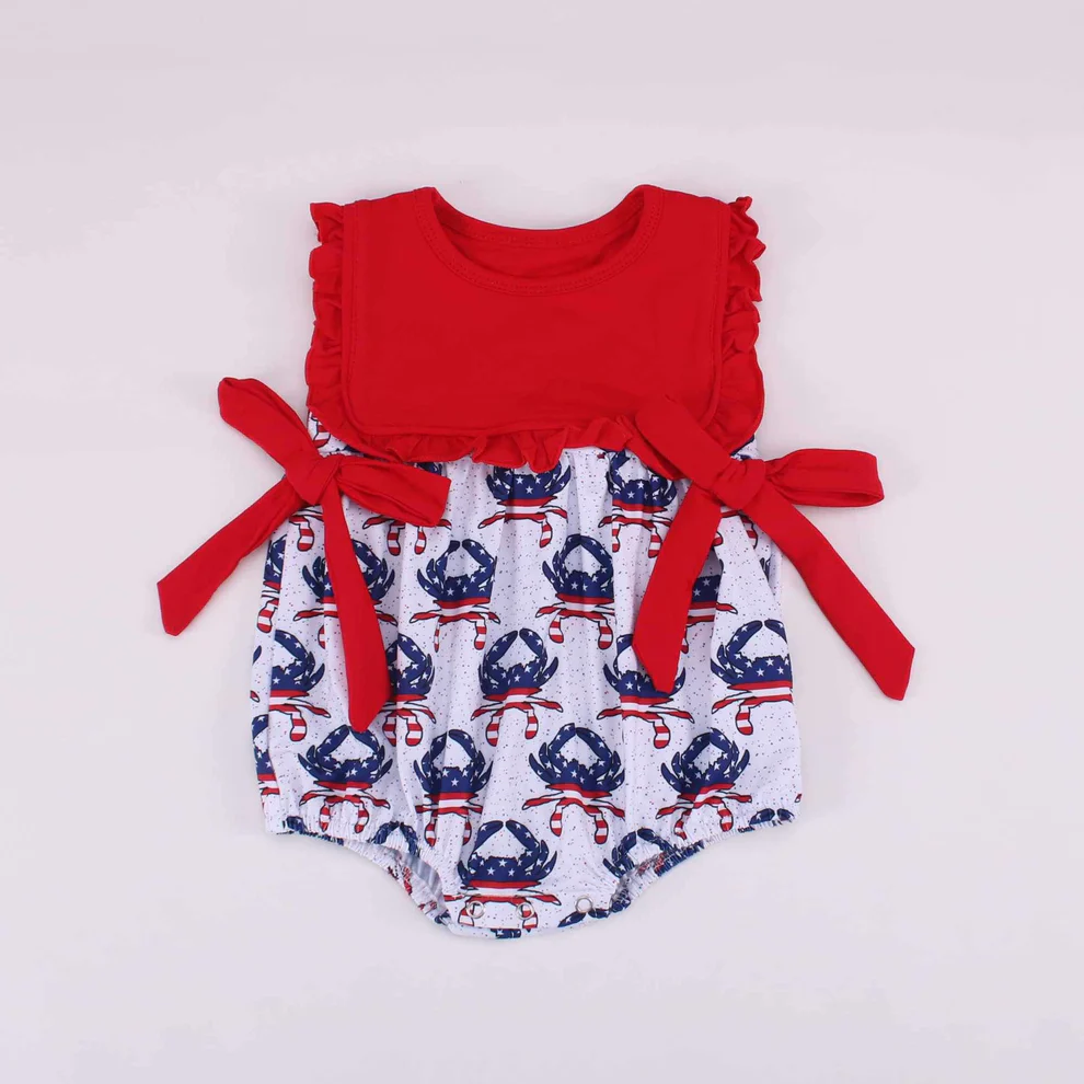 Baby Girls Red Sleeveless Bows Flags Crabs 4th Of July Romper Preorder