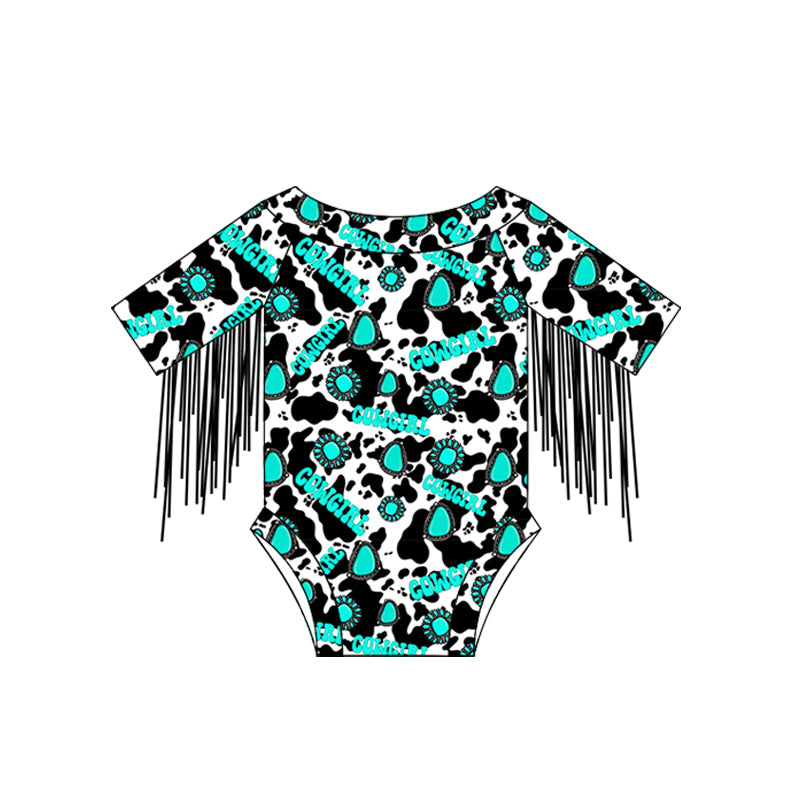 Baby Girls Short Sleeves Cow Print Turquoises COWGIRL Tassel Western Romper Preorder