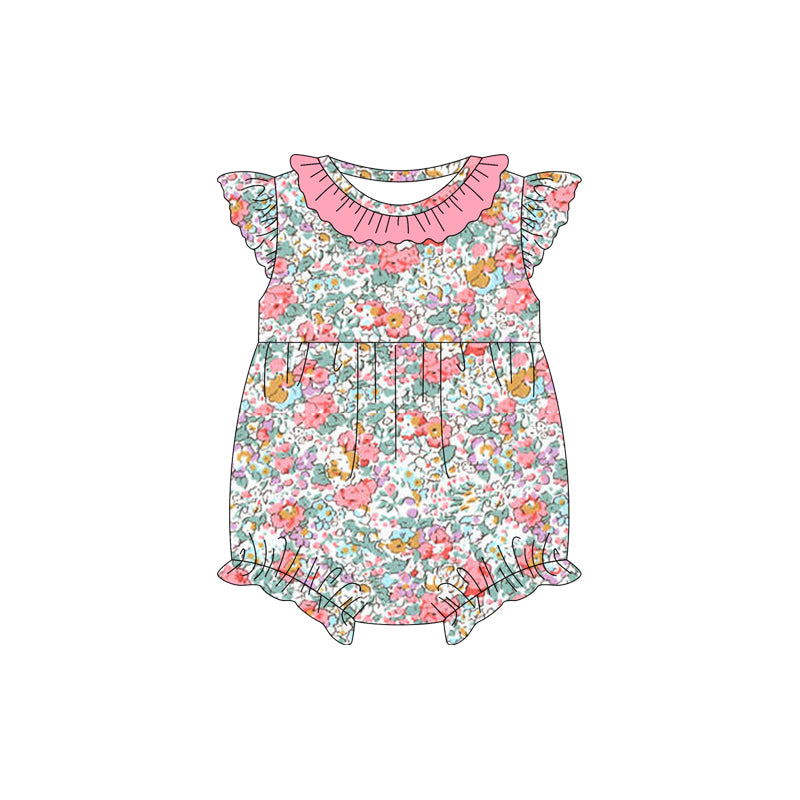 Baby Girls Peach Flutter Sleeves Floral Ruffle Romper Preorder