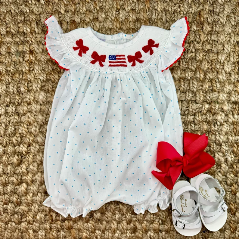 Baby Girls Flutter Sleeves Red Bows Flags Blue Polka Dots 4th Of July Romper Preorder