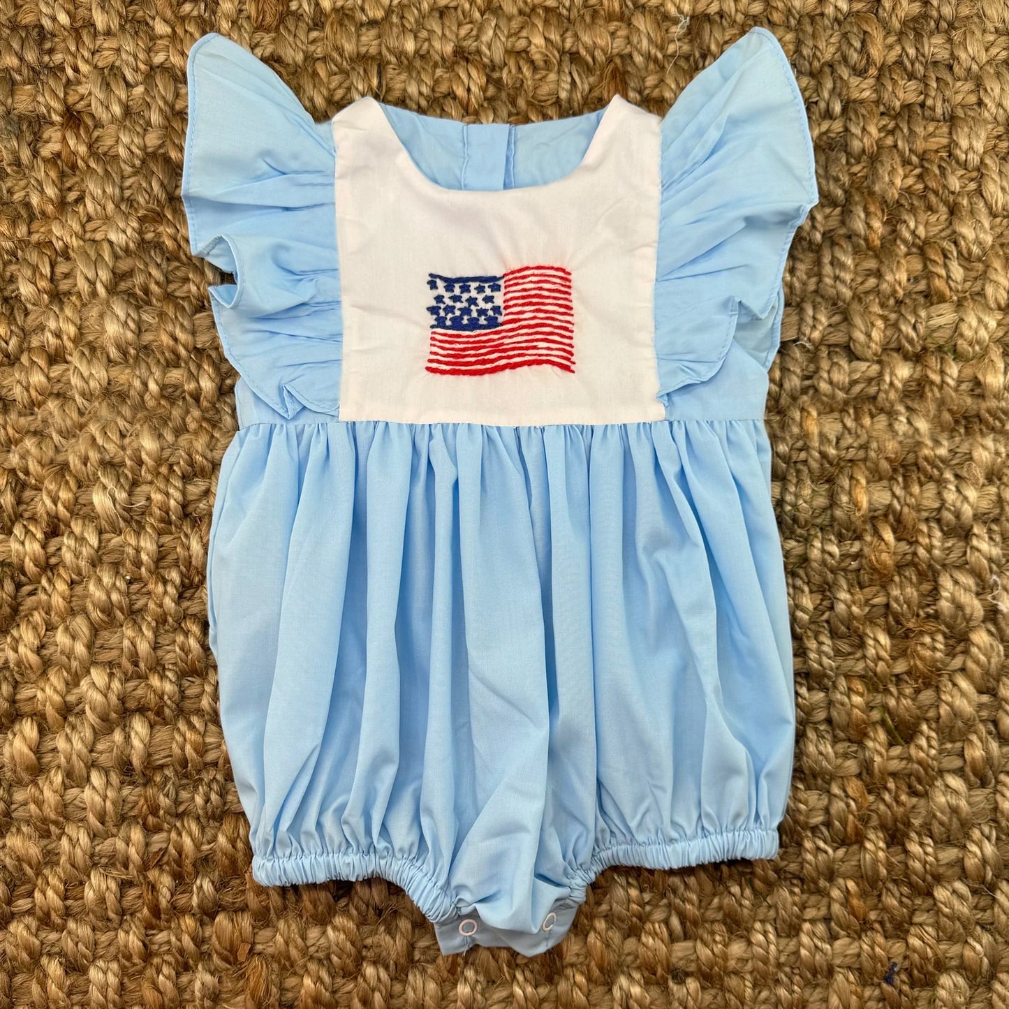 Baby Girls Blue Flutter Sleeves Flag 4th Of July Romper Preorder