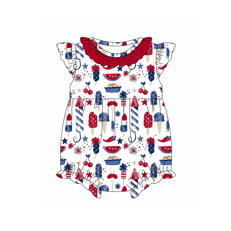 Baby Girls Red Flutter Sleeves Fireworks Popscile 4th Of July Romper Preorder