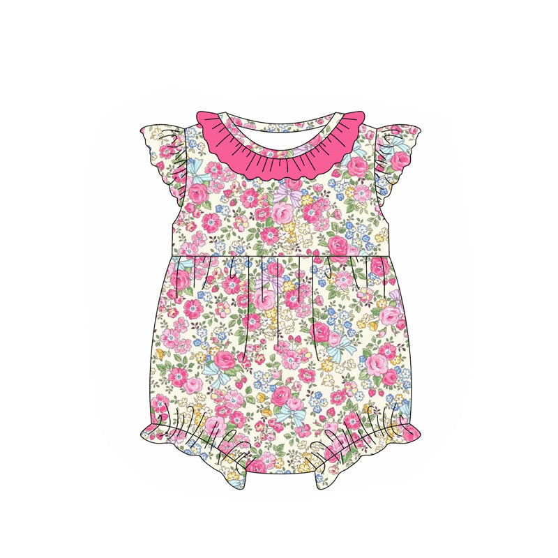 Baby Girls Hot Pink Flutter Sleeves Colorful Floral Ruffle Romper Preorder