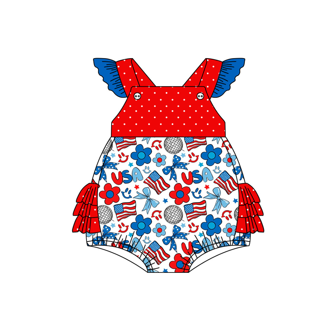 Baby Girls Blue Flutter Sleeves Red Polka Dots Bows Flags 4th Of July Romper Preorder